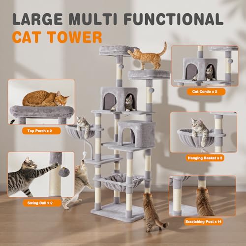 Image of Sweetcrispy 71 inch Cat Tree Tower, Large Multi Level Cat Climbing Tower with Condo, Natural Sisal Scratching Posts, Platform, Hammock, Basket, Tall Pet Tree House for Indoor Cats Play, Light Grey