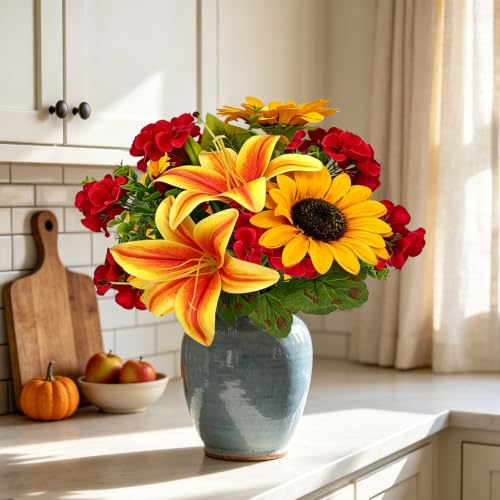 Image of Artificial Fall Flower Faux Sunflower 13.8 inch Fake Lily Silk Flower