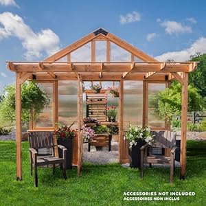 Backyarddiscoverybellerosexl13x11cedarwoodandpolycarbonatewalkingreenhousekitwithpergolaexhaustfanwindowshosehookupspowerportstagingshelvesforoutdoorgardening Urban Country Home Decor Backyard discovery bellerose xl 13 x 11 cedar wood and polycarbonate walk in greenhouse kit with pergola exhaust fan windows hose hook ups powerport staging shelves for outdoor gardening urban country home decor