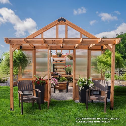 Backyarddiscoverybellerosexl13x11cedarwoodandpolycarbonatewalkingreenhousekitwithpergolaexhaustfanwindowshosehookupspowerportstagingshelvesforoutdoorgardening Urban Country Home Decor Backyard discovery bellerose xl 13 x 11 cedar wood and polycarbonate walk in greenhouse kit with pergola exhaust fan windows hose hook ups powerport staging shelves for outdoor gardening urban country home decor