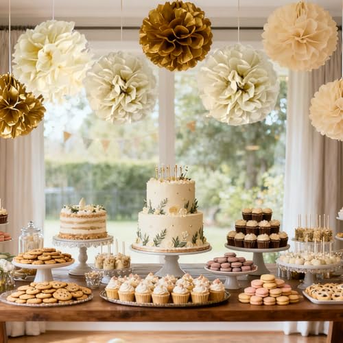 Image of Gold Champagne Gold and Ivory Paper Pom Poms for Wedding Birthday Gold Party Decoration - Ceiling Wall Hanging Tissue Flowers - 12pcs 3 Colors of 12 Inch 10 Inch 8 Inch