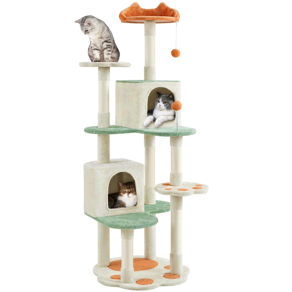 Yaheetech Albero Tiragraffi per Gatti 165 cm Cuccia per Gatto 2 Pompon, Piattaforma di riposo, Trespolo, Posatoio, Giocattoli Beige e Verde