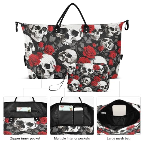Red Rose Skulls Duffel Bag for Traveling, Gym Bags with Multiple Interior Pockets for Women Men Toiletry Purse Included 20.5”x 1.9” x 13.8”2