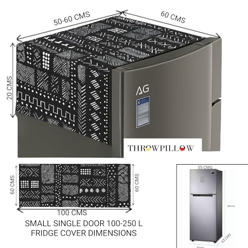 Image of WWW.THROWPILLOW.IN Fridge Top Cover for Single Door 100-250L | Fits Haier Samsung LG Godrej | 450 GSM Dustproof Fridge Cover Mat With Corner Tassels| Mud Cloth Print | Single Door Refrigerator Cover