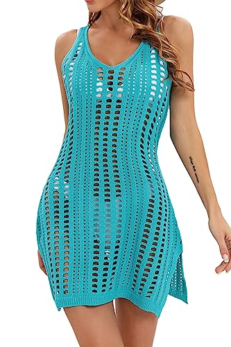 Timuspo Damen Gehäkeltes Strandkleid Sommer Sexy Aushöhlen V-Ausschnitt Ärmellos Bikini Cover Up