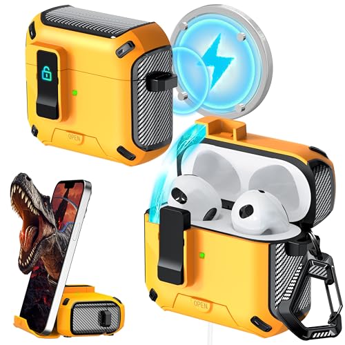 Image of RFUNGUANGO AirPods 3 Case with Lock Magnetic Lid Phone Stand, Yellow