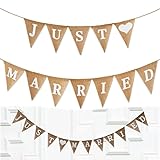 Azlanway Just Married - Ghirlanda decorativa per matrimonio, in iuta boho con stampa per feste di nozze, addio al nubilato, cerimonia, ricevimento e servizio fotografico, decorazione rustica per