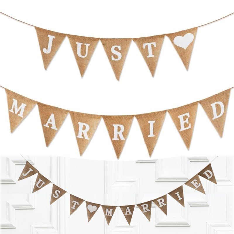 Azlanway Just Married Guirlande de décoration de mariage – Guirlande de fanions en toile de jute bohème avec imprimé pour fête de mariage, fête...
