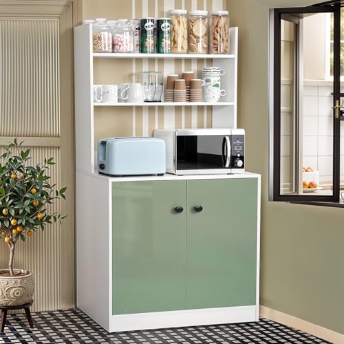 Image of ABOUT SPACE 5 Tier Kitchen Organizer Rack - 5.5 ft Wooden Kitchen Cabinet with 3 Open Shelves & 2 Storage Rack with Door Easy to Assemble for Home Living Room (White, Green - L 80 x B 40.5 x H 163 cm)