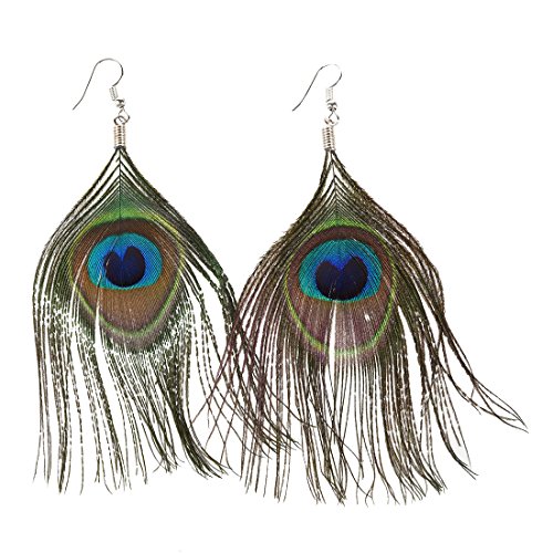 TOOGOO(R) Aretes de gota de pluma de pavo real natural larga de diamante de imitacion estilo bohemio de moda para mujer