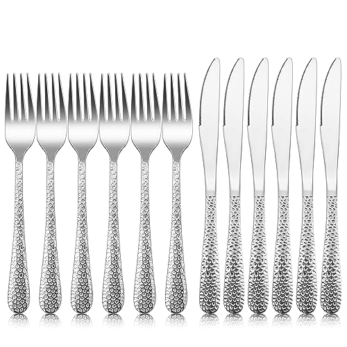 Herogo Steakbesteck 12-teilig, Edelstahl 6 Tafelmesser und 6 Tafelgabeln, Silber Steak Besteck Set für 6 Personen, Hochglanzpoliert Messer Gabeln Set für Haus/Restaurant, Spülmaschinenfest
