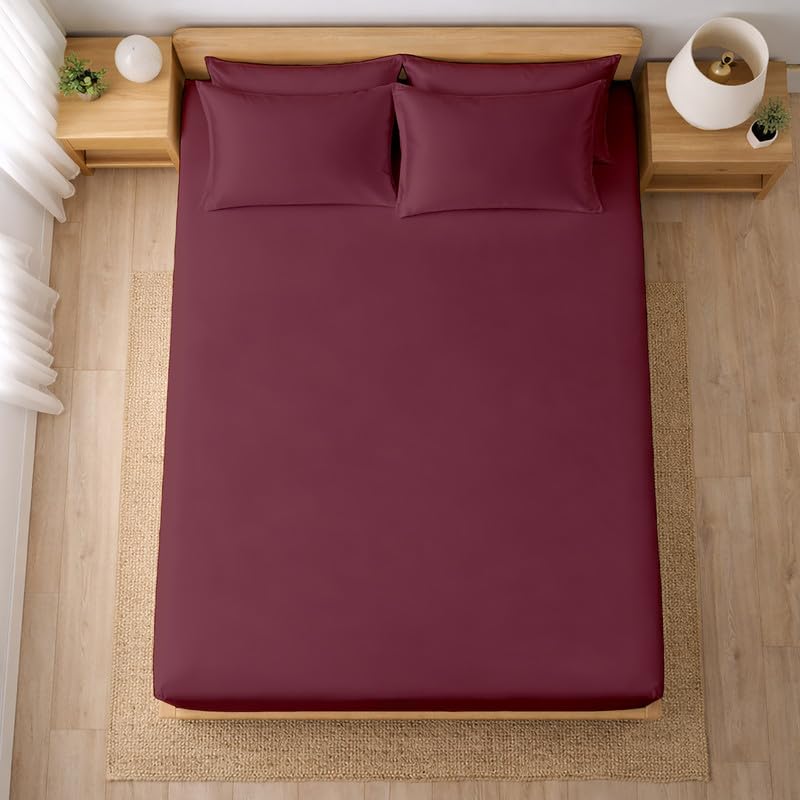 Image of Filbert - Premium Satin Fitted Bedsheet King Size (72x78 Inch) with 2 Pillow Covers | Hypoallergenic Breathable | Hair and Skin Friendly, Women Gift Choice|Royal Wine