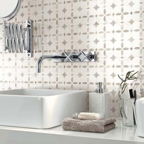 Anemone Flower Stone Mosaic 5 Sheets Mixed Color Italian Gray Marble Stone Kitchen Backsplash Water Jet Mosaic Flooring Tile Interior for Kitchen Backsplash Wall 4.65 sq. ft. (Natural White +Gray)