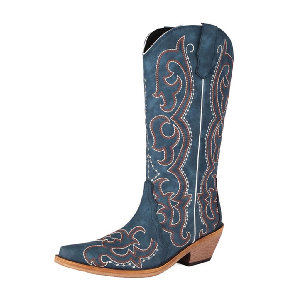 Stivali Cowboy Donna Western in Camoscio Blu Navy con Ricamo Tacco Largo in Legno Stile Country Rodeo Danza
