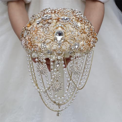 Image of MaxxCloud Luxury Gatsby-Inspired Vintage Wedding Golden Brooch Bouquets Handmade Sliver Bling Glam Wedding Bridal Bouquet
