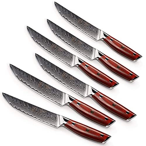 YARENH Steakmesser Set 6 Teilig,Steak Messer aus 67 Schichten Damaststahl, Extra Scharf Geschliffener, Damast Steakbesteck KTF-Serie