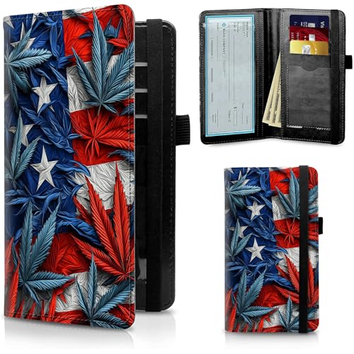 Image of FUYOCWE Checkbook Covers for Personal Checkbook,Leather Checkbook Cover for Business /Personal Checks,RFID Blocking Check Book Cover Holder Wallets for Men Women-American Flag Leaf