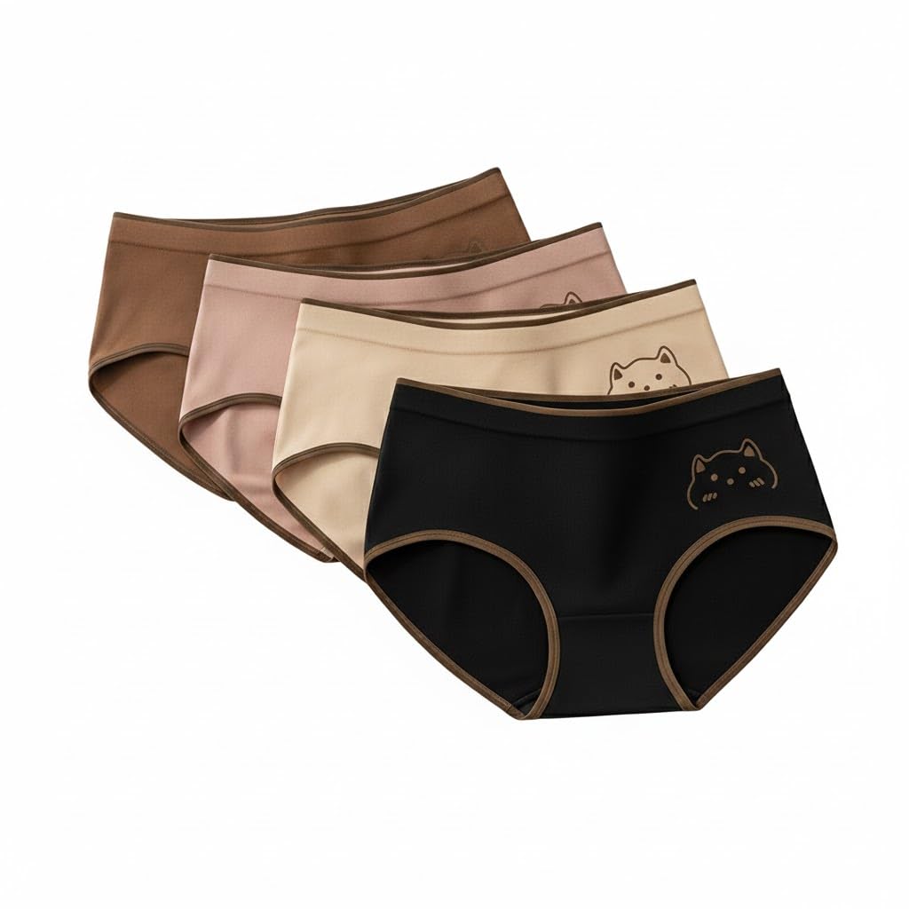 Women’s Hipster Style Panty | Breathable Cotton Blend | Comfortable Full Coverage | Minimal Cat Print | Multicolor | Pack of 4 | Size : L,XL,XXL |-image-15