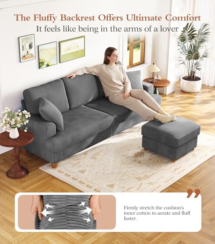 Image of Kidirect 87in L Shaped Couch, Modular Sofa No Tool Assembly, Comfy Sectional Couches for Living Room 21in Deeper Seats, Corduroy Sofas for Living Room with 2 Pillows, Loveseat Sofa Set, Grey Couch