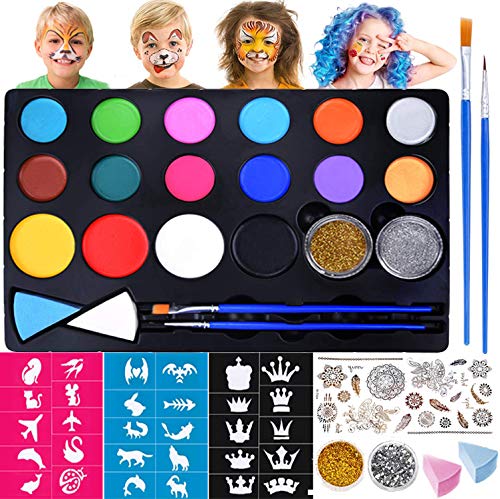 TABIGER Face Paint Kit for Kids, 14 Washable Large Paints, Gold & Silver Glitter, 30 Jumbo Stencils, Safe Face & Body Painting Professional Costume Makeup for Christmas Halloween Party