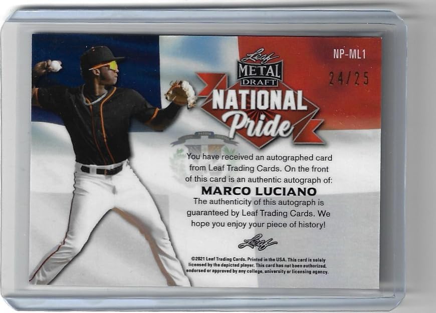 Marco Luciano Autographed & Serial Numbered #24/25 Leaf Metal Draft National Pride Rookie Card Collectible Baseball Card - 2021 Leaf Draft Baseball Card #NP-ML1 (Giants)
