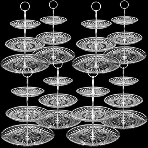 Patelai 8 Packs 3 Tier Crystal Acrylic Clear Cake Stand with Gold Round Holder Acrylic Cupcake Stand Holder for Home Wedding Holiday Birthday Baby Shower Tea Party (Clear, Silver)