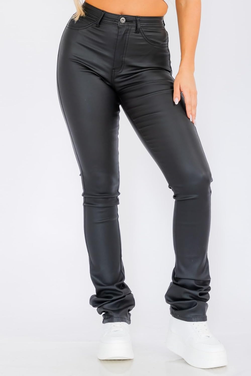 JC JQ High Waist Faux Leather Stacked Jeans, Women's Fashion Pants