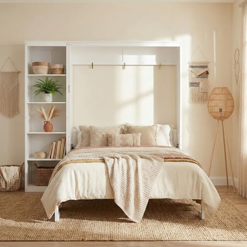 Image of Merax Space-Saving White Murphy Bed Queen Size with Adjustable Storage Shelves, Multifunctional Foldable Wall Bed for Small Spaces Studio Study Office Guest Room