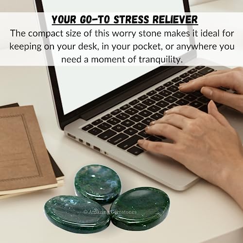 Image of Amazing Gemstone Moss Agate Worry Stone Crystals and Healing Stones - Worry Stones for Stress Relief Gifts - Piedra Crystal Fidget for Meditation, Calming, Relaxation