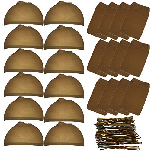 SWS 24pcs Brown Stocking Caps, Stretchy Nylon Wig Caps for Women, Skin Tone Stocking Cap Wig Caps with 35pcs Hair Clips