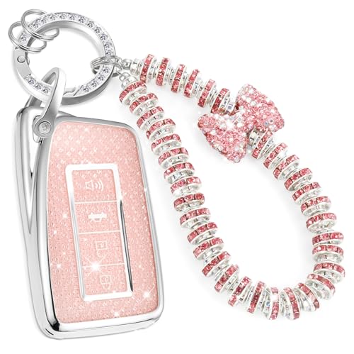CTRINEWS for Lexus Key Fob Cover with Fashionable Zirconia Wristlet KeyChain Enchanting Diamond Patterns Soft Case for Lexus GS GS-F ES IS NX LX570 RX350/450h (4 buttons) Key Fob Shell (Pink A)