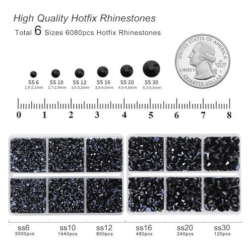 Image of BEADSLAND Hotfix Rhinestones, 6080PCS Black Rhinestones for Clothes Crafts Mixed 6 Sizes with Wax Pencil and Tweezers Kit, SS6-SS30,Jet Black