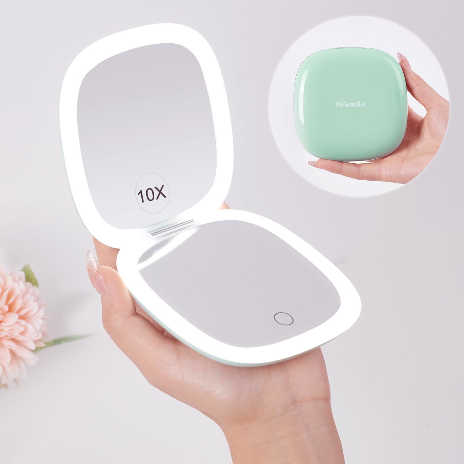 Compact LED Travel Makeup Mirror - 4 Inches 1X/10X Magnification Travel Mirror with Light Dimmable Double Sides Lighted USB Rechargeable Compact Mirror for Purse,Pocket,Travel(Powdery Green)