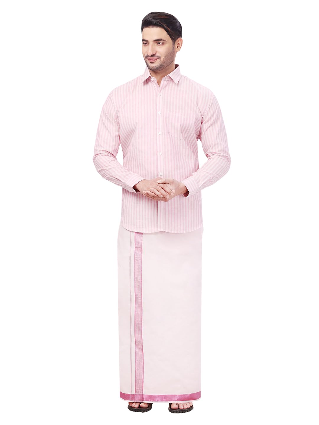 Mens Tissue Stripes Full Sleeve Shirt with Plain Jari Border Dhoti Traditional Wedding Festive Ethnic Wear Combo Set Carter-image-30