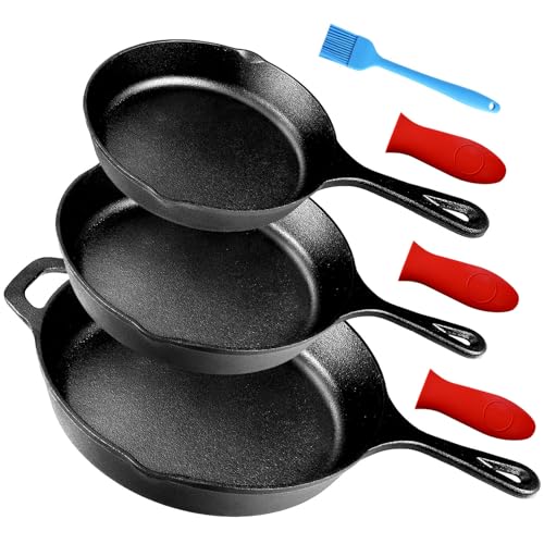 Suteck Cast Iron Skillets 3 piece set | 6', 8' & 10' Pre-Seasoned Cast Iron Pans with 3 Silicone...