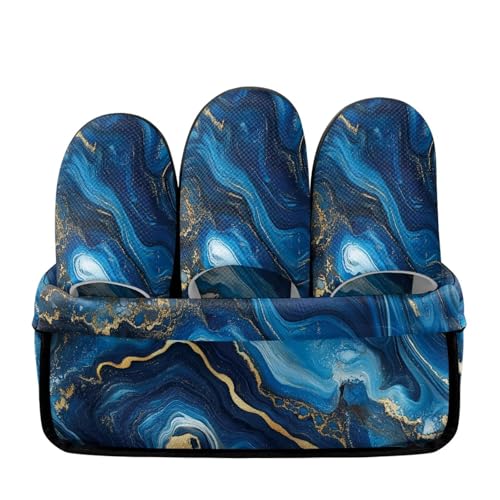 Twousenru Blue Quicksand Marble 3 Pairs House Slippers Home Guest Slippers Set with Anti-Skid Sole Fuzzy Slipper Soft Casual Plush Bedroom Shoes with Storage Case
