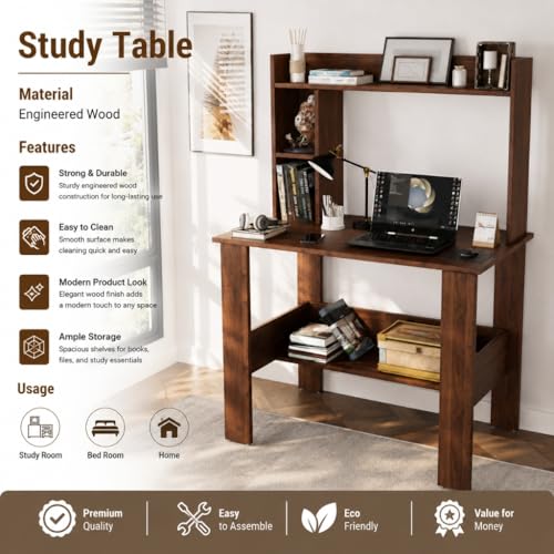 Image of SPYDER CRAFT Modern Daisy Engineered Wood Study Table with Storage Shelf | Clean Minimalist Computer Desk for Home, Office, & Bedroom | Durable & Easy to Clean (Columbian Walnut) (Assembly DIY)