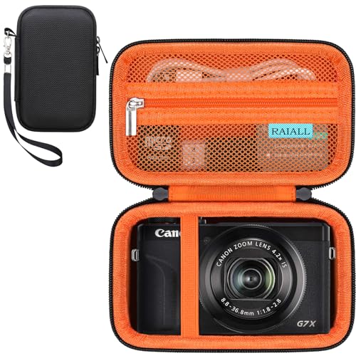 RAIALL Funda para la cámara Digital Canon PowerShot G7 X Mark III/G7X Mark II, Funda rígida de Transporte y Bolsa Protectora de Viaje, Bolsillo de Malla para Pilas y Cable USB, Negro + Naranja