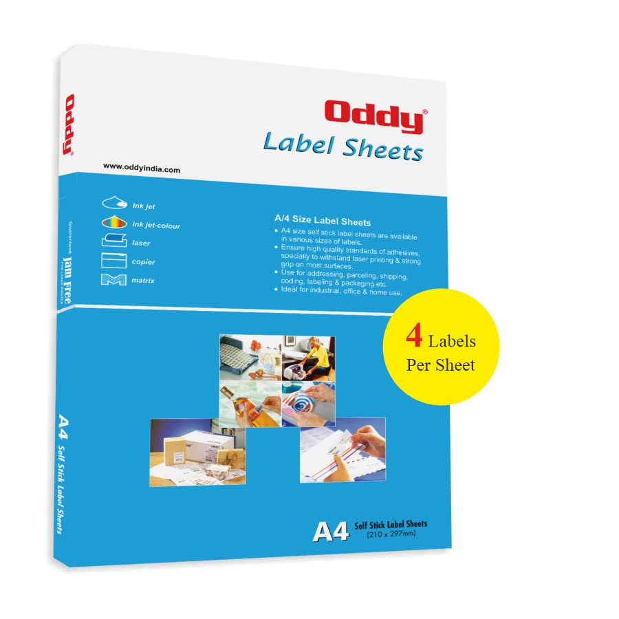 Oddy A4 Self Adhesive Paper Label Stickers for Laser & Inkjet Printers - 4 Labels per Sheet - Pack of 100 Sheets, for Shipping, Address, Folders, Industrial use