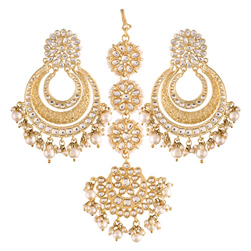 I Jewels Gold Plated Indian Wedding Bollywood Matte Finish Kundan & Faux Pearl Bridal Chandbali Earrings with Maang Tikka Set for Women (TE2860-61)