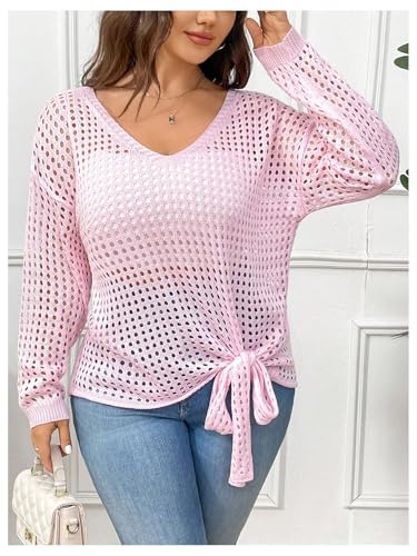 Image of SOLY HUX Women's Plus Size Sheer Sweater Hollow Out Knot Hem V Neck Drop Shoulder Long Sleeve Pullover Tops Plain Pink 2XL