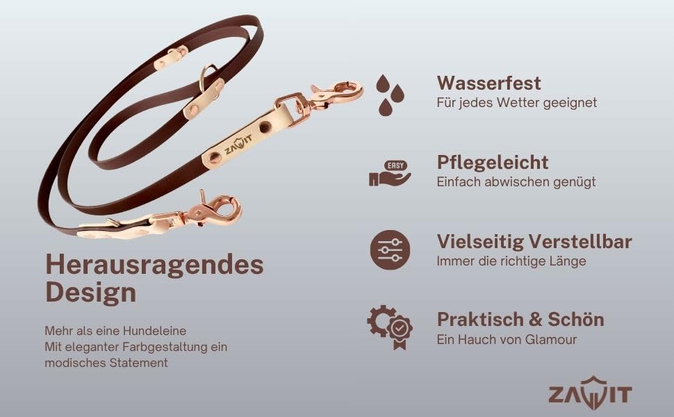 Original Biothane® Hundeleine 2m - Verstellbar, Wasserfest & Robust, mittel-große und kleine Hunde, Scherenkarabiner Bruchlast 160 kg (Braun/Creme/Rosegold)