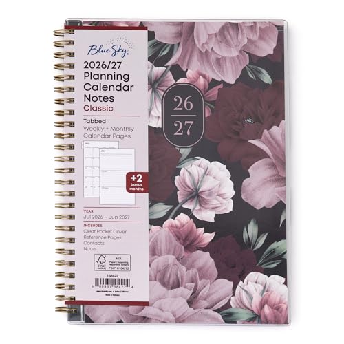 Blue Sky 2026-2027 Weekly and Monthly Academic Year Planner Calendar July 2026 - June 2027 5.875 x 8.625 Flexible Pocket Cover Wirebound Laminated Tabs Includes Extra 30 Sheets of Notes Dark Peonies