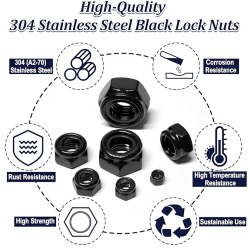 zqz 180 pack black locknuts assortment kit m3 m4 m5 m6 m8 m10 m12 metric black nylon insert lock nuts set 304 stainless steel standard threaded nylock nuts