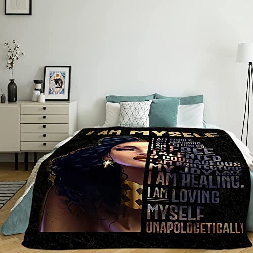 African American Throw Blanket Queen Black Girl Afro Women With Inspirational Quote Flannel Blanket For Living Room Dorm Bed Blanket Soft And Cozy Flannel Blankets For Couch Sofa Chair 60"X50" #TOP6