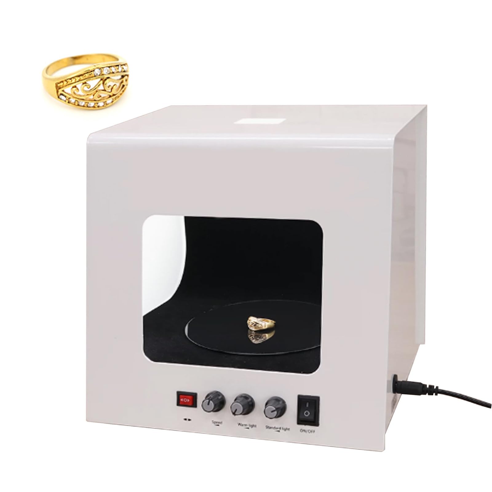 Caja de Luz Fotografía Caja de Luz para Joyas,Voltaje Seguro 12V,Plato Giratorio 110mm/150mm,Iluminación Suave Sin Parpadeo,para Vendedores Particulares y Amantes de Las Joyas White+Black-20cm