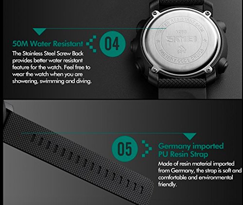 SKMEI Digital Watch Model 1268 features: 50M water resistance and PU resin strap.