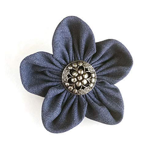 Blue Denim Flower Lapel Pin, Blue Hair Clip, Floral Accessories for Him, Flower Pins for Her, Blue and Silver Boutonnieres