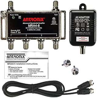 4-Port Cable TV/Antenna/HDTV/Internet Digital Signal Amplifier/Booster/Splitter with Passive Return, Black Coax Power Cable, F59 Terminators (Antronix MRA4-8)