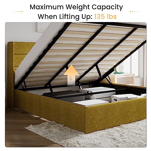SHA CERLIN King Size Lift Up Storage Bed/Modern Wingback Headboard/Upholstered Platform Bed Frame/Hydraulic Storage/No Box Spring Needed/Wood Slats Support/Olive Yellow